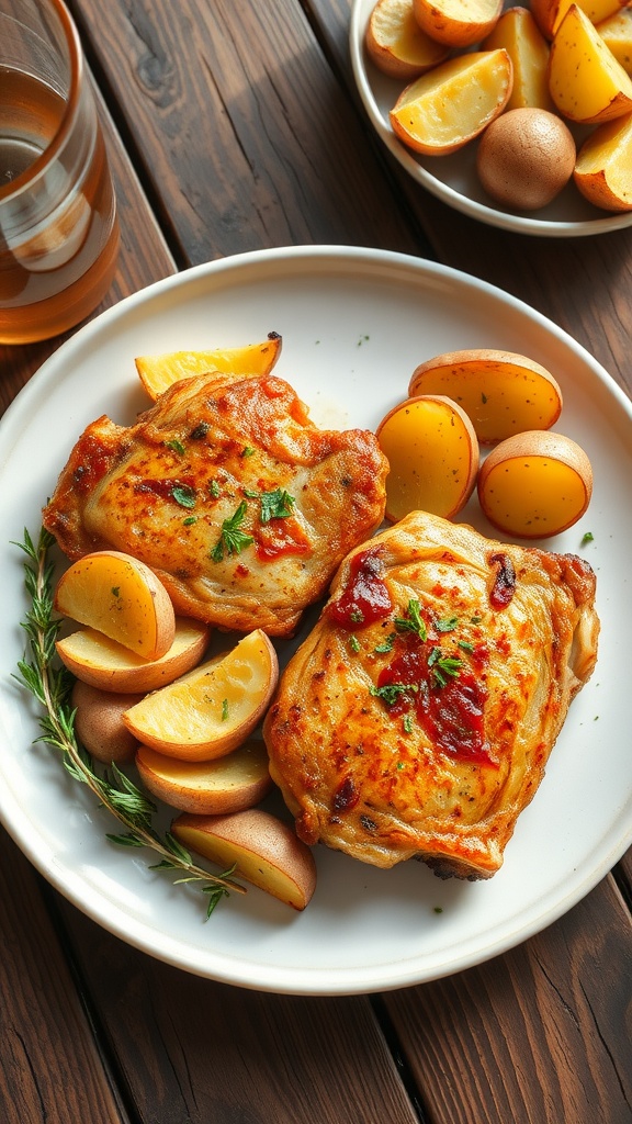 Delicious garlic herb pork chops with roasted vegetables and baby potatoes on a rustic table.